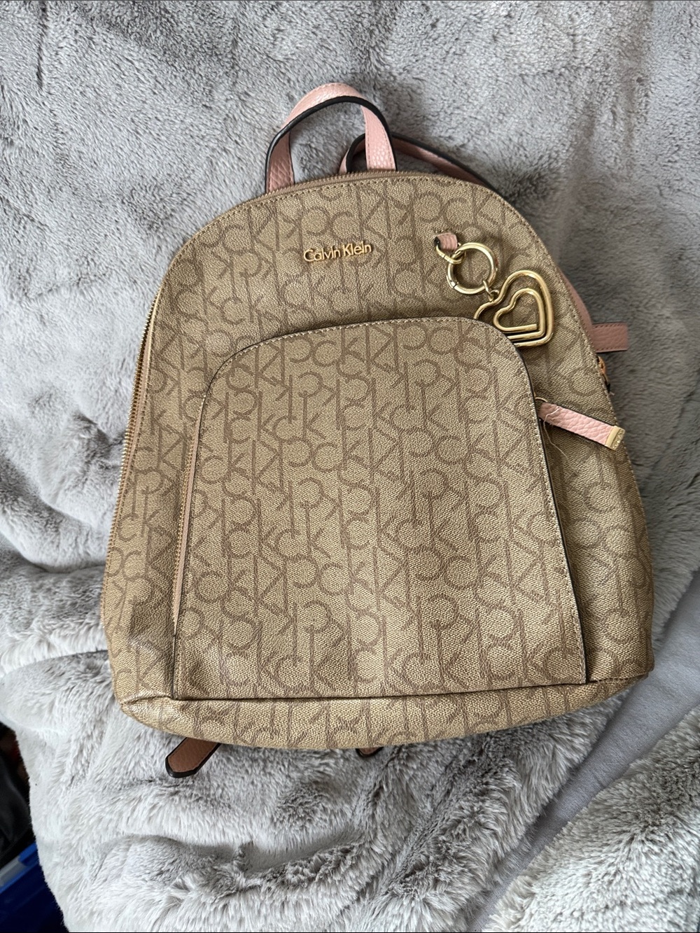 Calvin Klein Tan Monogram Backpack with Pink Trim